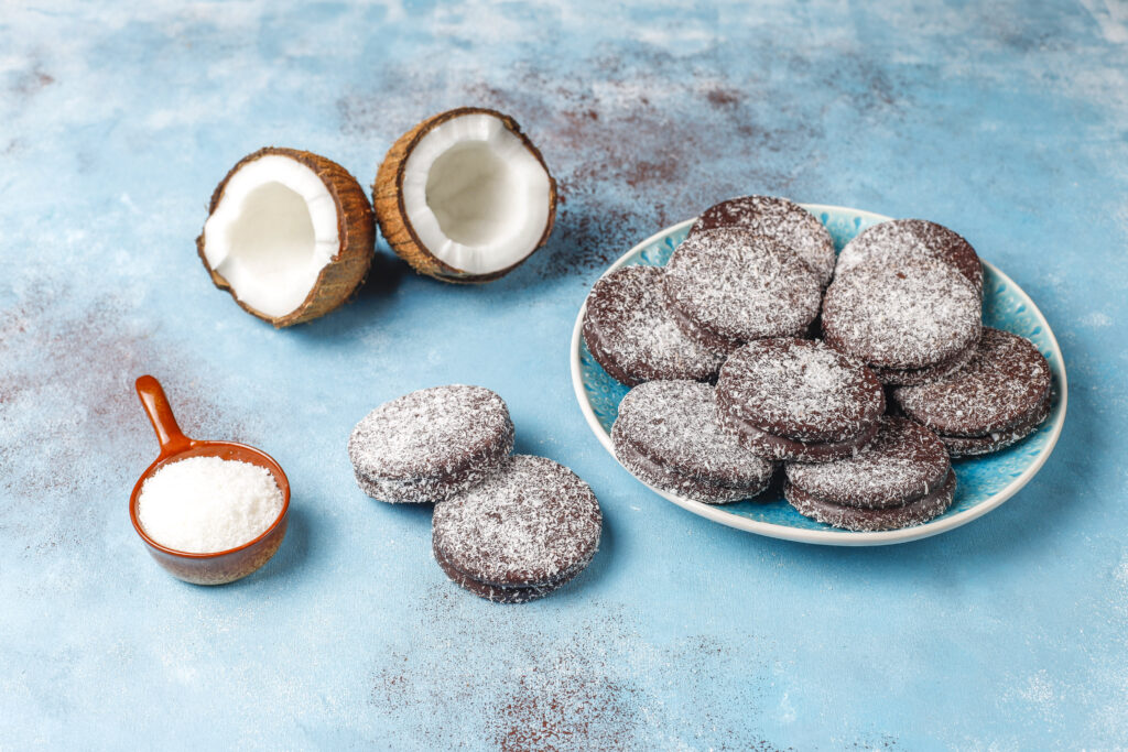 delicious chocolate coconut cookies with coconut top view