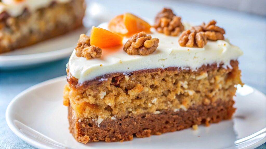 slice cake with cream cheese frosting walnuts orange slices